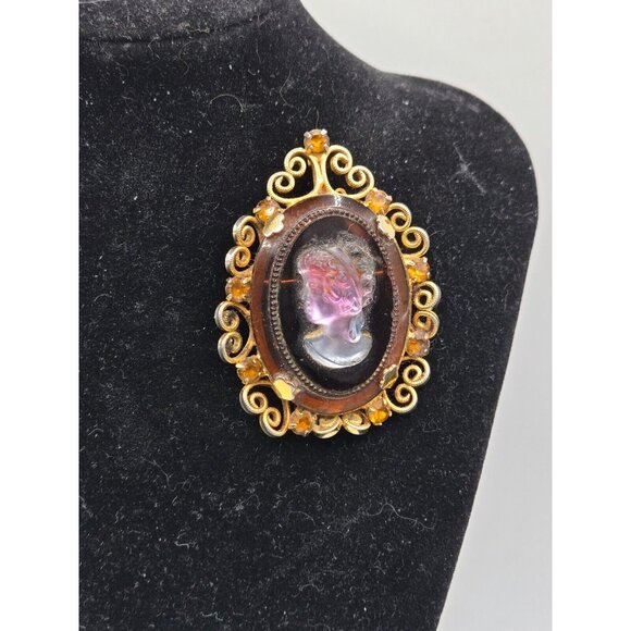 Vintage D & E Juliana Amber Glass Metallic Cameo Pendant Brooch ETC8018 Book - Picture 4 of 6